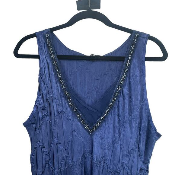 KOMAROV Women's Navy Beaded Charmeuse & Chiffon Tiered Midi Dress Size L NWT - Picture 8 of 13